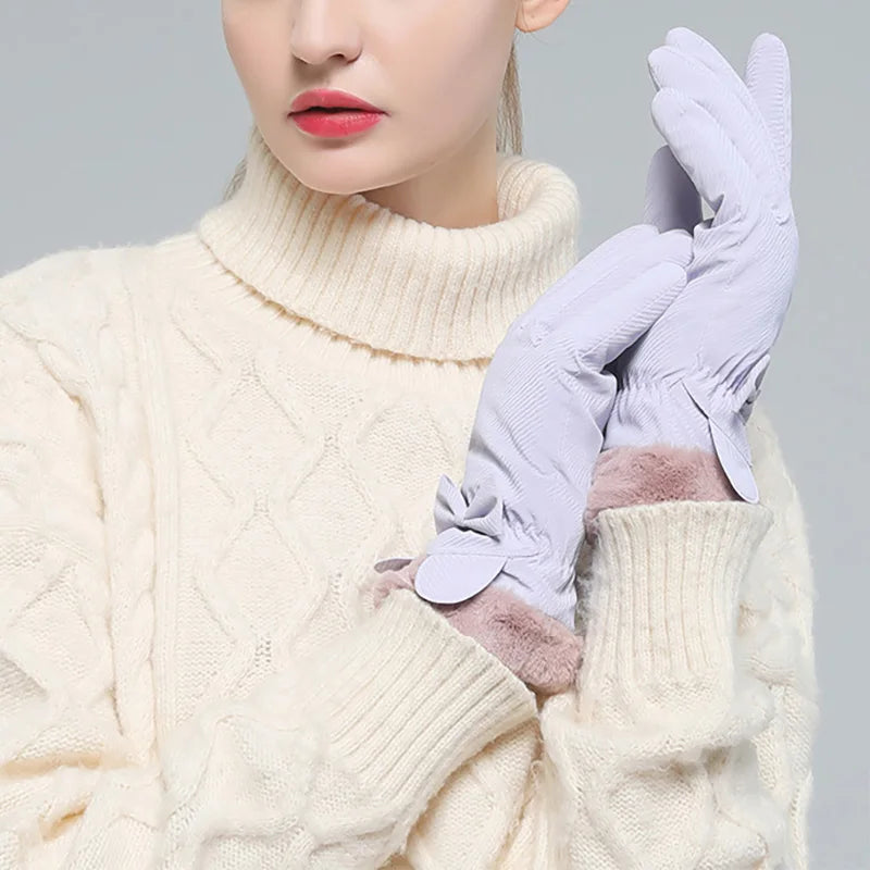 Winter Warm Gloves For Women Plus Velvet Thickened Waterproof Windproof Cute Bow Student Outdoor Cycling Touch Screen Ski Gloves