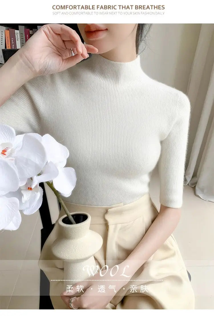 Sweater Spring Autumn High Neck Middle Sleeve New Knitted Base Knitted Half Sleeve Five-Pin Slim Tops