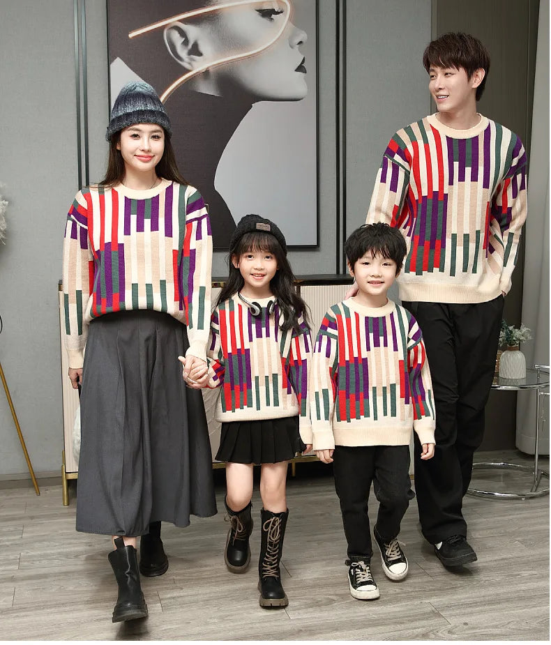 Fashion Sweater for The Whole Family Knitted Tops Mom and Daughter Baby Girl Matching Striped Knitwear Dad and Son Boy Jumper