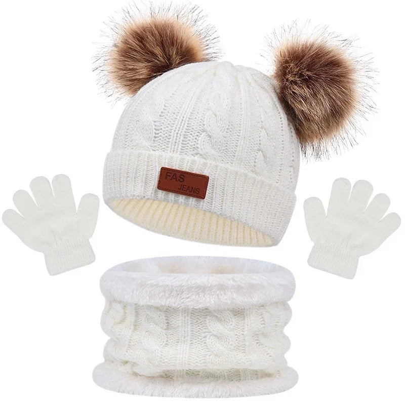 Three Piece Set of European and American Hats Scarves Gloves Autumn and Winter Single Ball Double Ball Colorful Ball Hat