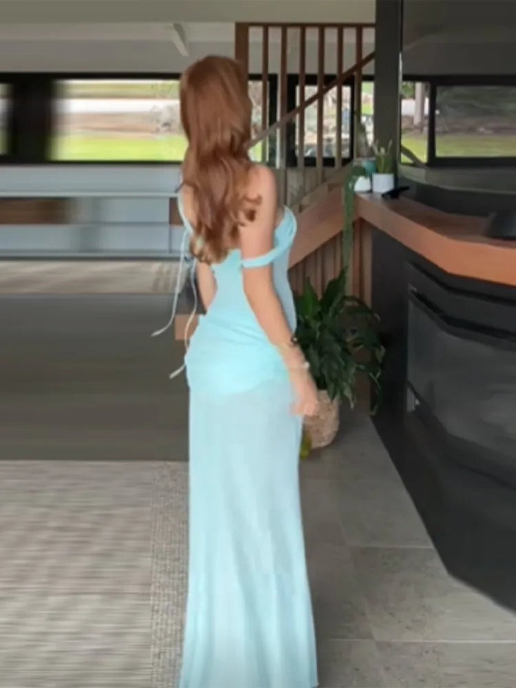 Chic Elegant See Through Maxi Dress For Women Fishbone Tube Top Spliced Long Robes  Lace Up Mesh Vestidos 2026 New Lady Dresses