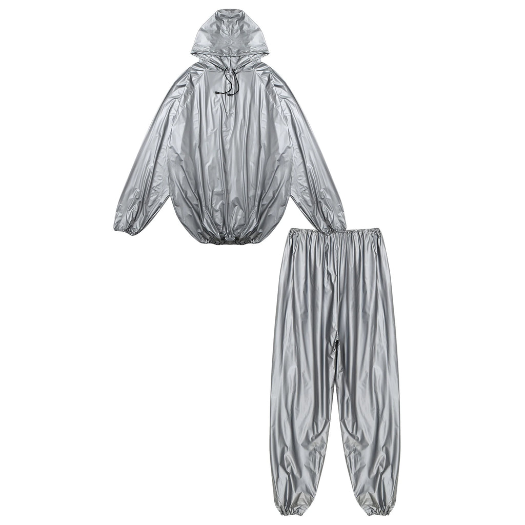 Mens Sports Outfits Sauna Sweat Sets Long Sleeve Hooded Jacket Outerwear and Long Pants PVC Sweating Suit for Gym Workout Yoga