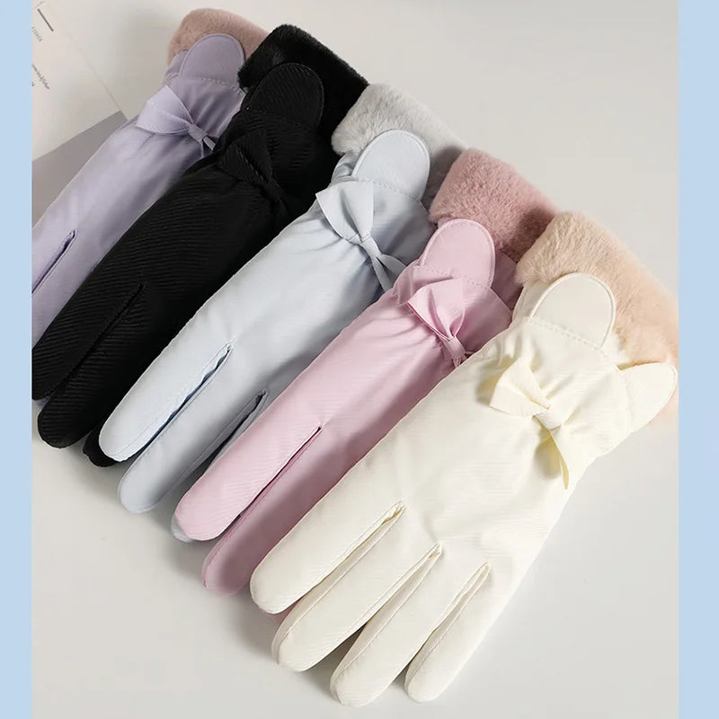 Winter Warm Gloves For Women Plus Velvet Thickened Waterproof Windproof Cute Bow Student Outdoor Cycling Touch Screen Ski Gloves