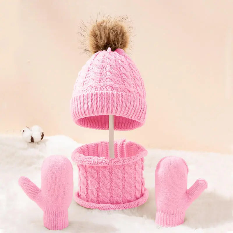 Children's Hat Scarf Gloves Suit Wool Monochrome Fried Dough Twists Warm Three Piece Children's Hat Scarf Gloves Suit
