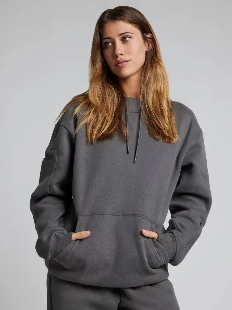 Fitness Workout Outfits Autumn Winter Women Tracksuit Sport Pocket Sweatshirt Hoodies with Eye Patch Sweatpants Two Piece Set