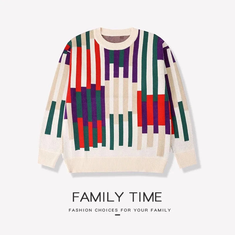 Fashion Sweater for The Whole Family Knitted Tops Mom and Daughter Baby Girl Matching Striped Knitwear Dad and Son Boy Jumper