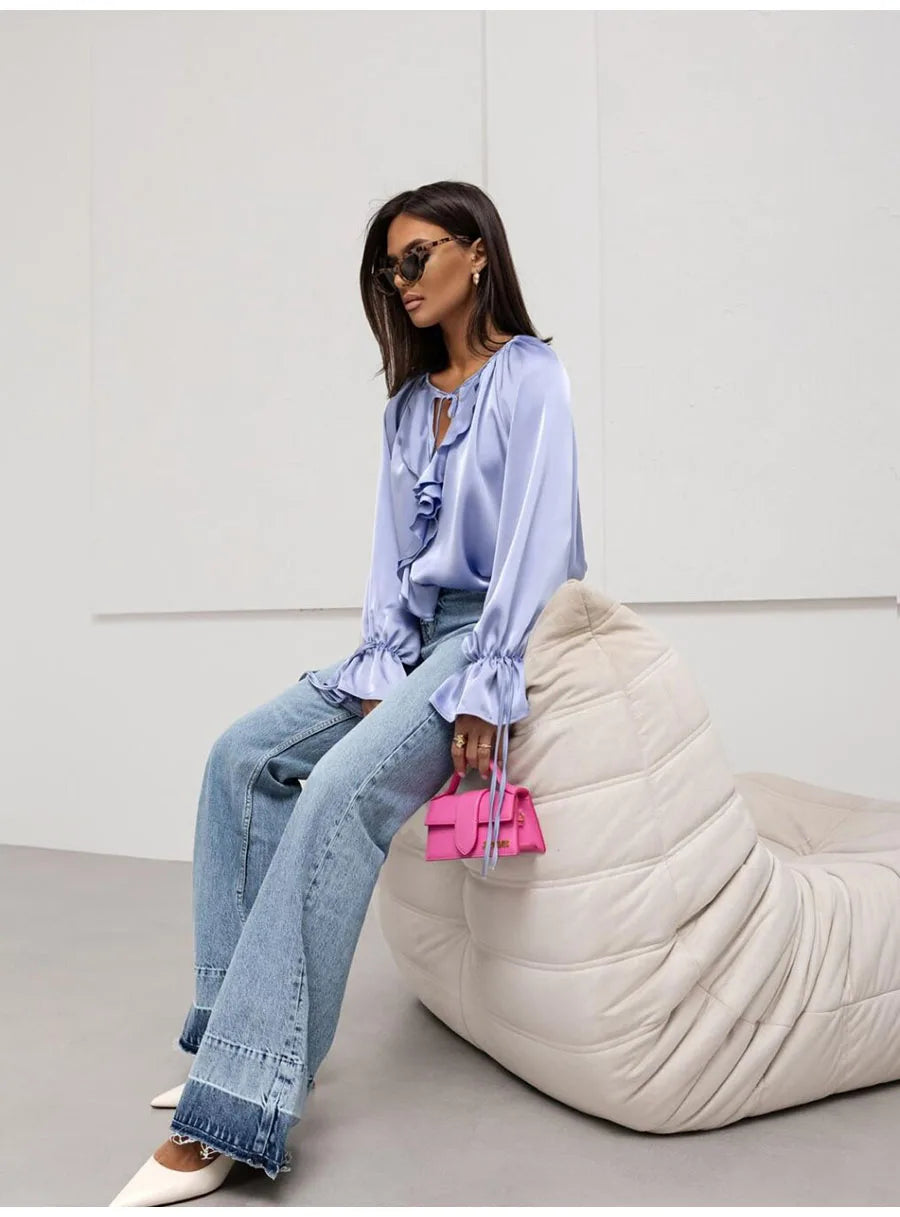 Fashion Fall Ruffles Blouse Women 2025 Autumn Winter Long Sleeve Loose Lace-up Shirts And Blouses Tops Elegant