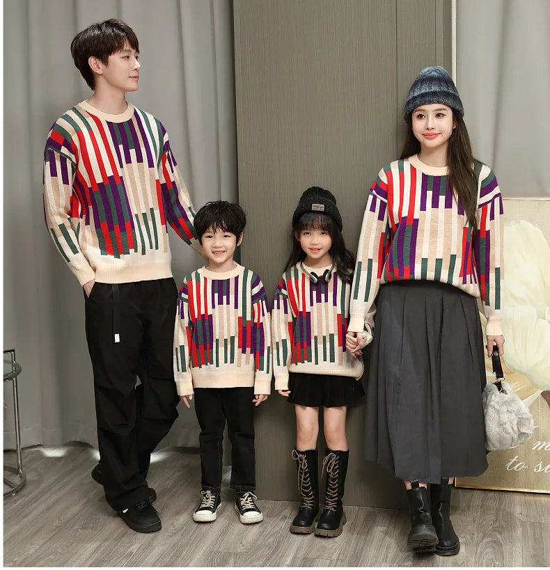 Fashion Sweater for The Whole Family Knitted Tops Mom and Daughter Baby Girl Matching Striped Knitwear Dad and Son Boy Jumper