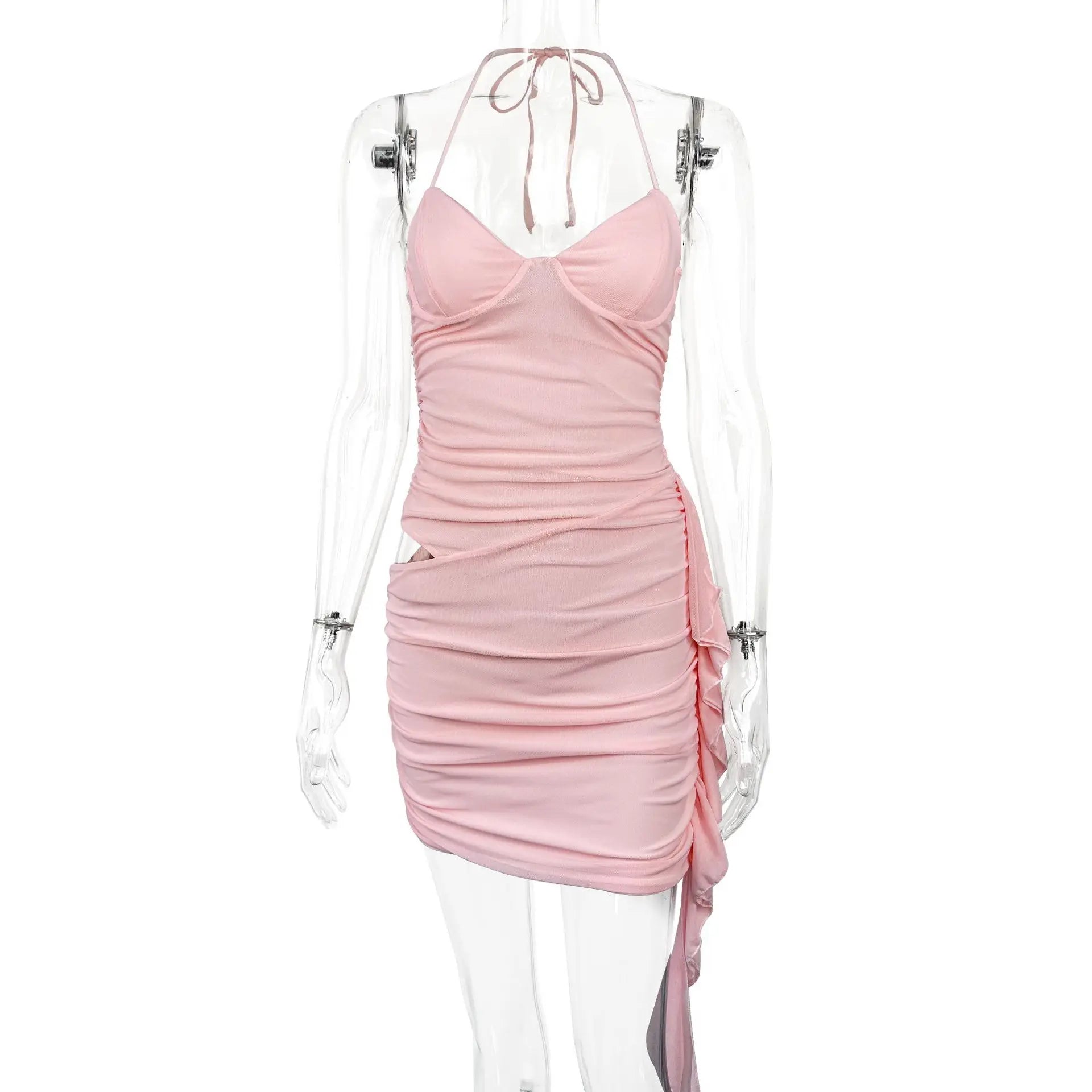 Fairyshely Sexy Summer Lady Pink Short Club Dress Ladies 2024 Tied Halter Bodycon Dresses Evening Party Hollow Tight Mini Dress