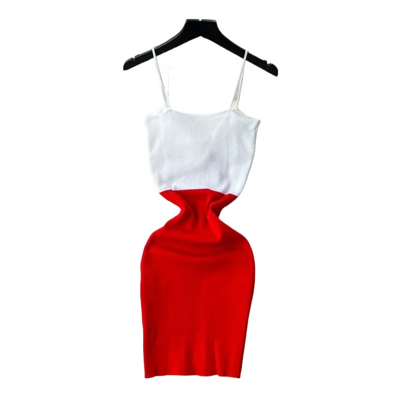 Women's Red White Color Block Spaghetti Strap V-Neck Twist Sundress Stretchy Ribbed Knit Bodycon Mini Dress Summer Party Dress