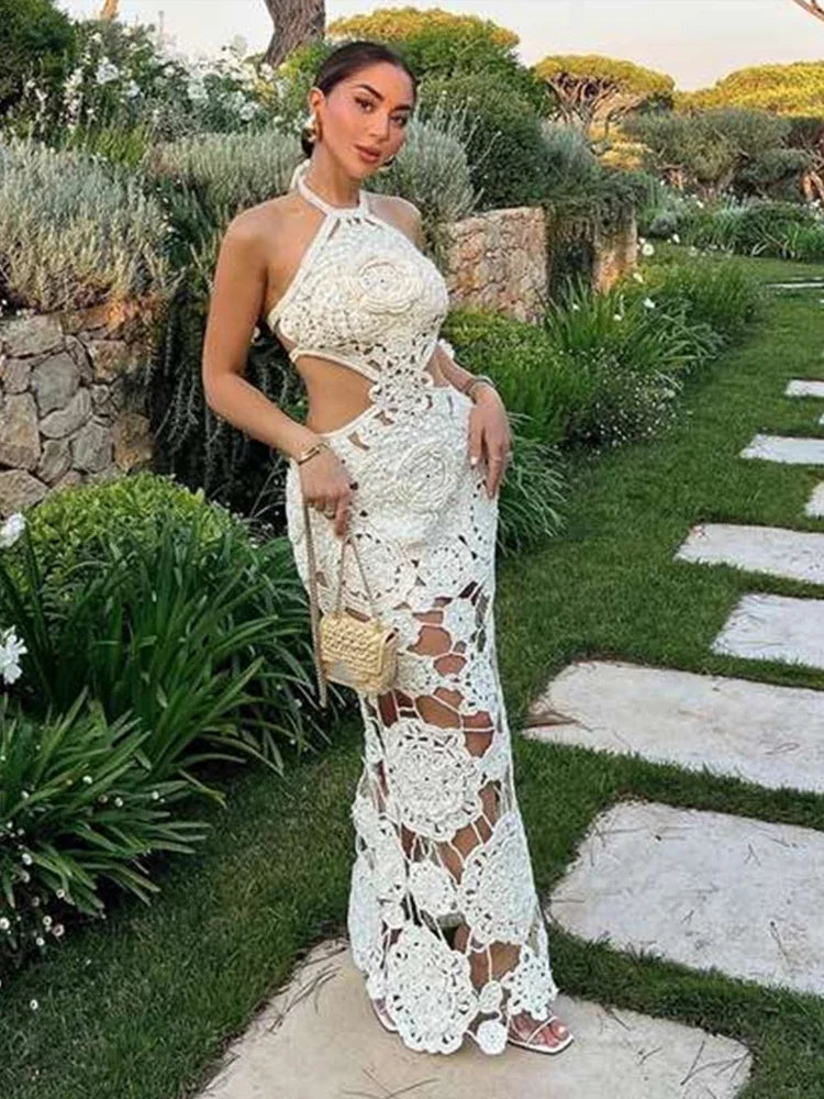 Hook Crochet Flower Long Dresses Women Knitted Halter Sexy Hollow Out Sleeveless Backless Maxi Dress Holiday Fashion Beach Robes