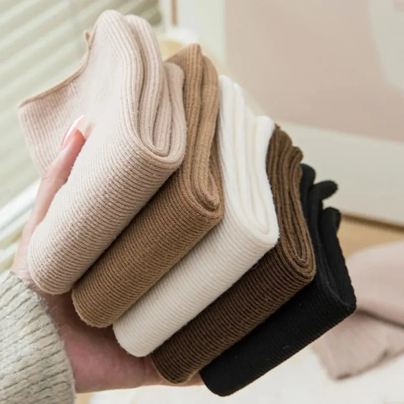 5 Pairs Snow Socks For Women Autumn Winter Socks With Fuzzy Thickened Warm Sleeping Floor Stockings Women's Solid Color Socks