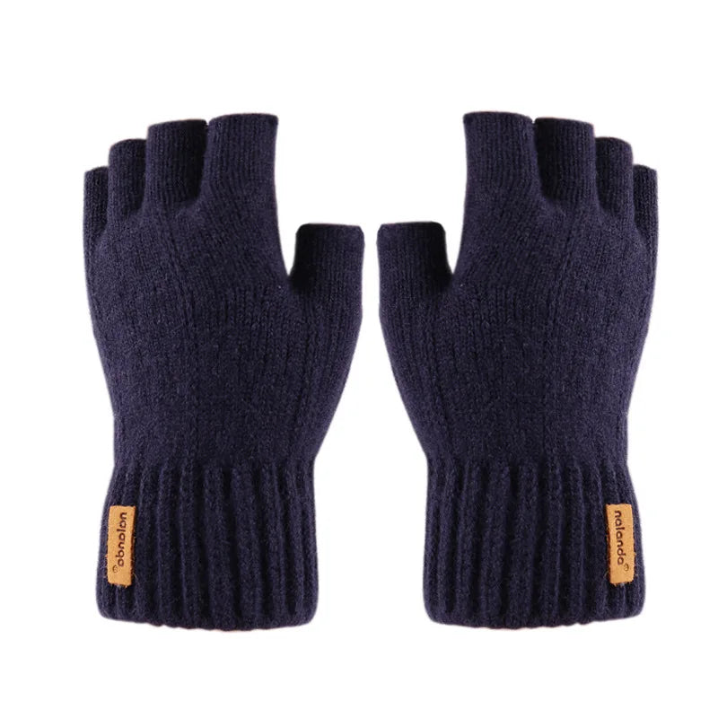 Winter Half-Finger Knitted Gloves for Men: Warm, Stretchy, Thick – Fits Office, Bicycle, Driving & Student Writing