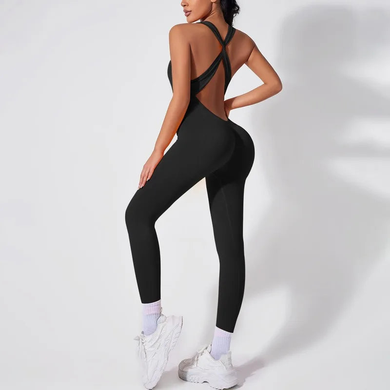 Crisscross Back Yoga Bodysuit Women V-Neck Butt Lifting Workout Jumpsuit Seamless Running Fashion Slim High Elastic Bodysuit