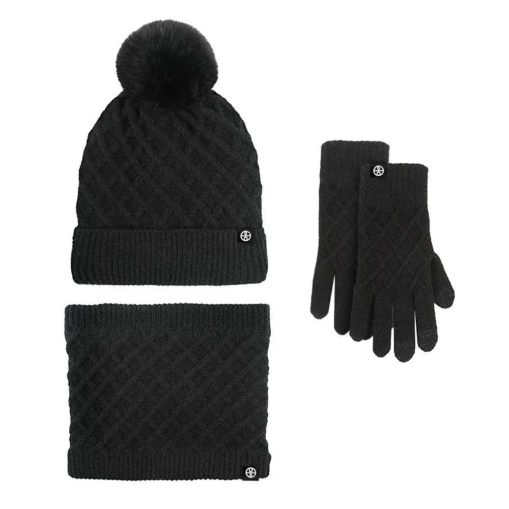 2025 Hot Hat Scarf Gloves Three-piece Winter Velvet Outdoor Warm Hairball Knitted Hat Christmas Gift Winter Warm