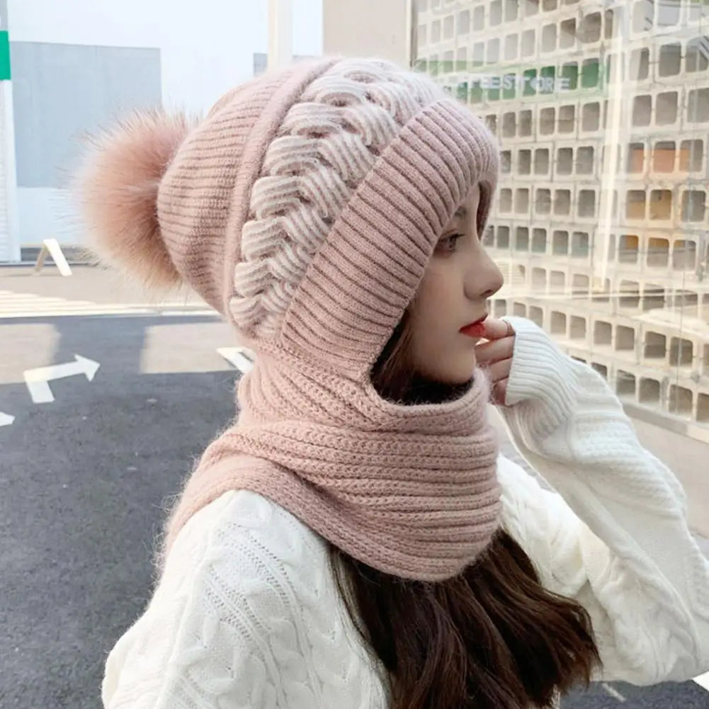 Hat scarf All-in-one  Winter Thickened Warm Double Warm Padded Windproof Comfortable Warm Knitted Hat Fits Women