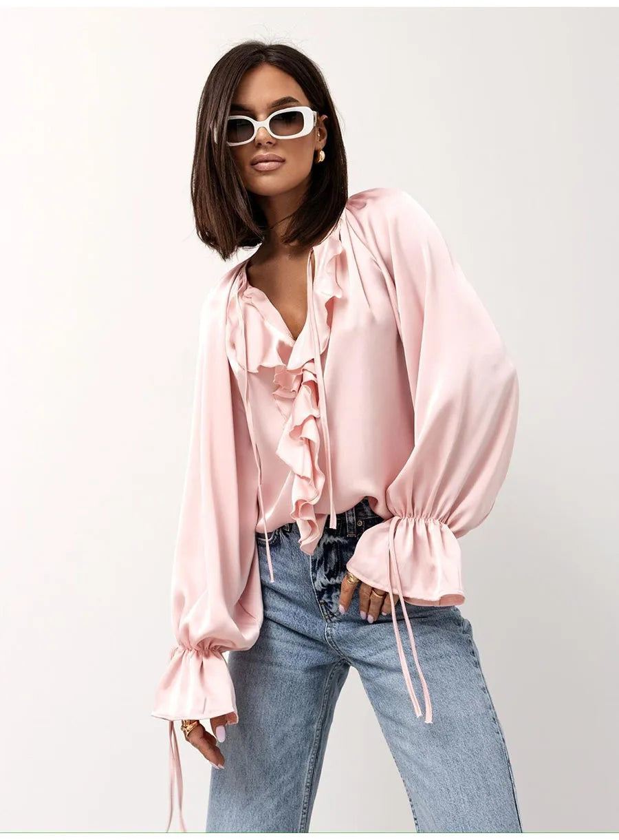 Fashion Fall Ruffles Blouse Women 2025 Autumn Winter Long Sleeve Loose Lace-up Shirts And Blouses Tops Elegant