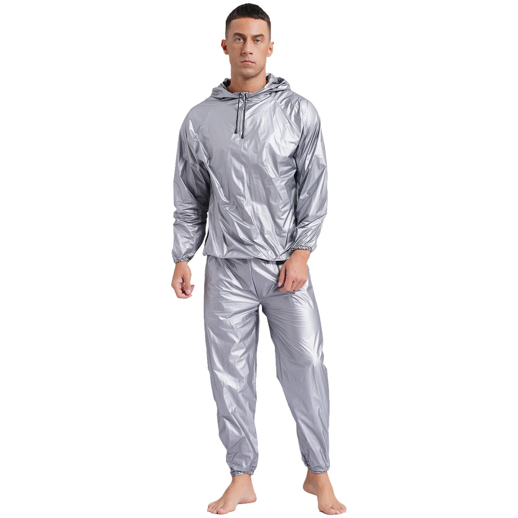 Mens Sports Outfits Sauna Sweat Sets Long Sleeve Hooded Jacket Outerwear and Long Pants PVC Sweating Suit for Gym Workout Yoga