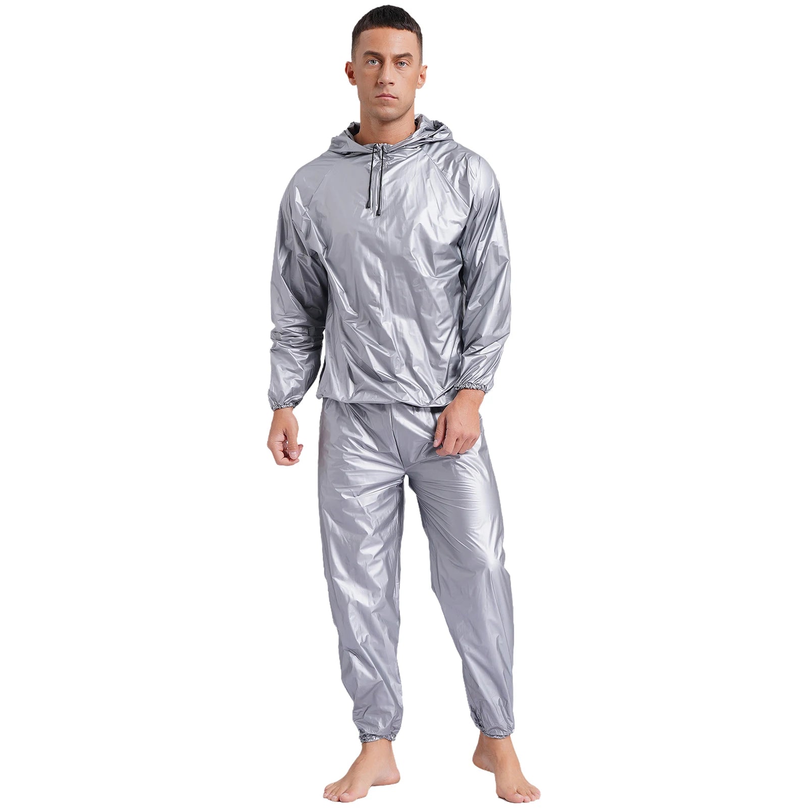 Mens Sports Outfits Sauna Sweat Sets Long Sleeve Hooded Jacket Outerwear and Long Pants PVC Sweating Suit for Gym Workout Yoga