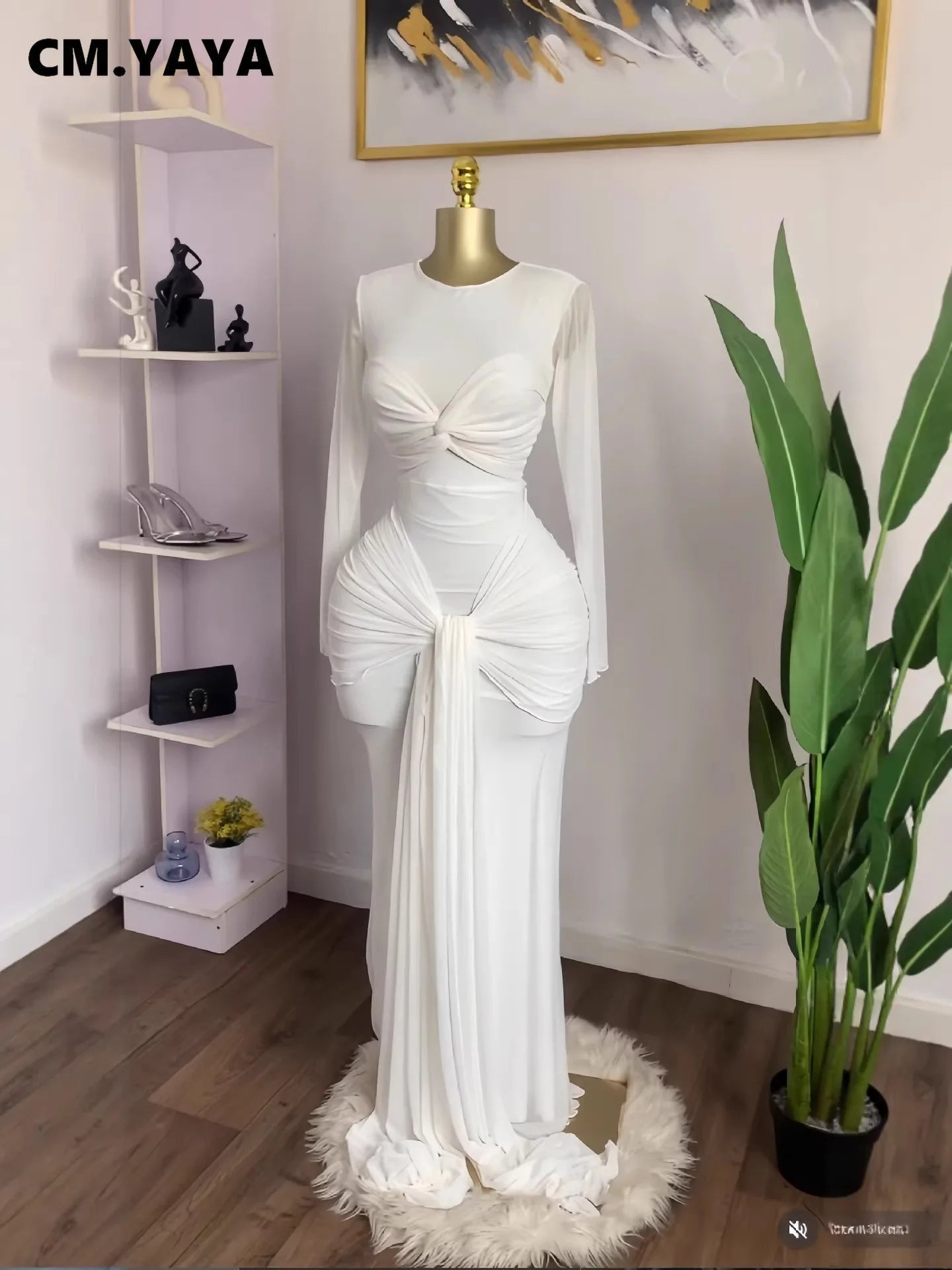 CM.YAYA Women Mesh See Though Long Sleeve Maxi Bowknot Long Dress 2026 Birthday Vacation Sexy Club Party Evening Street Dresses