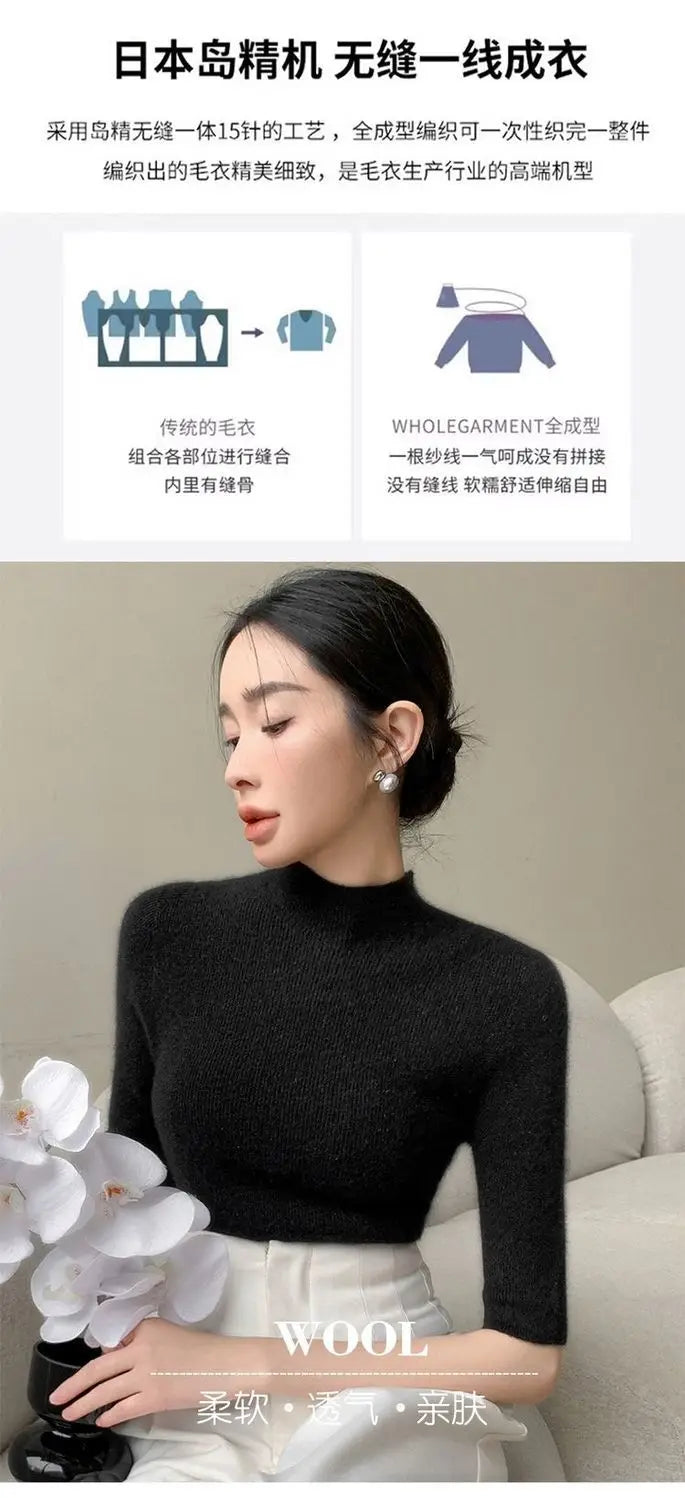 Sweater Spring Autumn High Neck Middle Sleeve New Knitted Base Knitted Half Sleeve Five-Pin Slim Tops