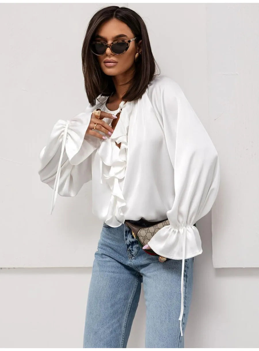 Fashion Fall Ruffles Blouse Women 2025 Autumn Winter Long Sleeve Loose Lace-up Shirts And Blouses Tops Elegant