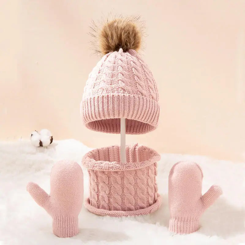 Children's Hat Scarf Gloves Suit Wool Monochrome Fried Dough Twists Warm Three Piece Children's Hat Scarf Gloves Suit