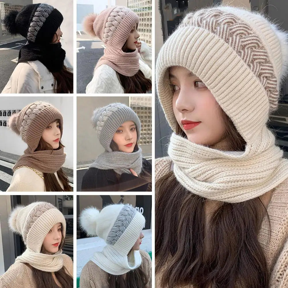 Hat scarf All-in-one  Winter Thickened Warm Double Warm Padded Windproof Comfortable Warm Knitted Hat Fits Women