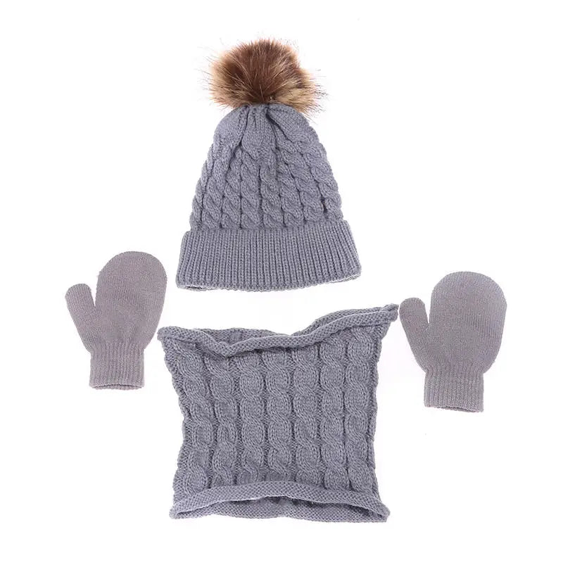 Children's Hat Scarf Gloves Suit Wool Monochrome Fried Dough Twists Warm Three Piece Children's Hat Scarf Gloves Suit