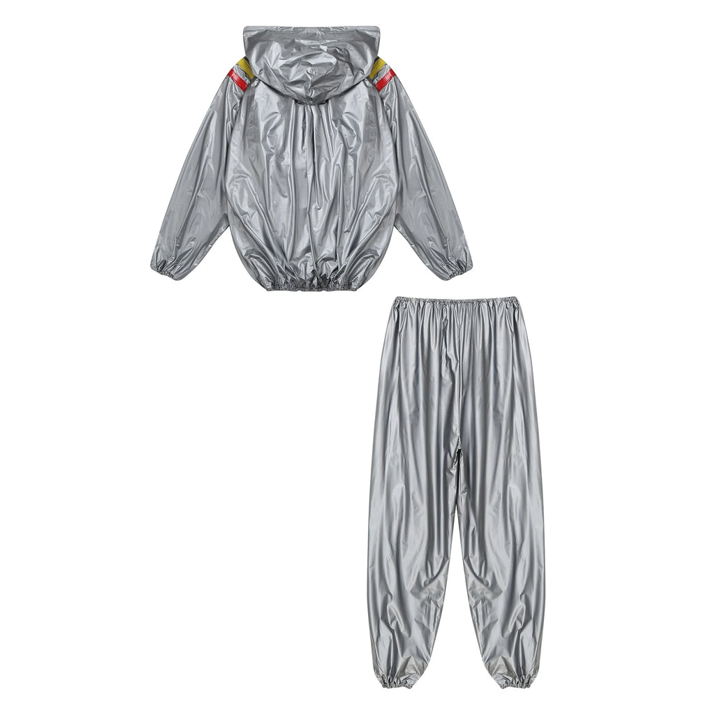 Mens Sports Outfits Sauna Sweat Sets Long Sleeve Hooded Jacket Outerwear and Long Pants PVC Sweating Suit for Gym Workout Yoga