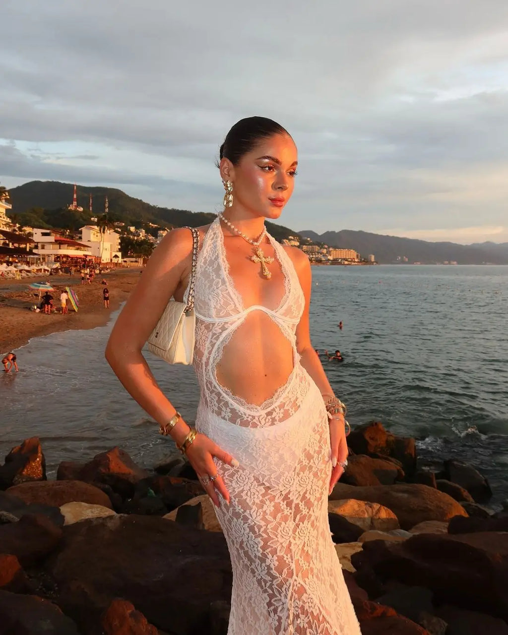 Sexy White Lace Hollow-out Halter Dress Women Chic Sleeveless Off-shoulder Backless Maxi Dresses 2026 Lady Vacation Beach Gowns