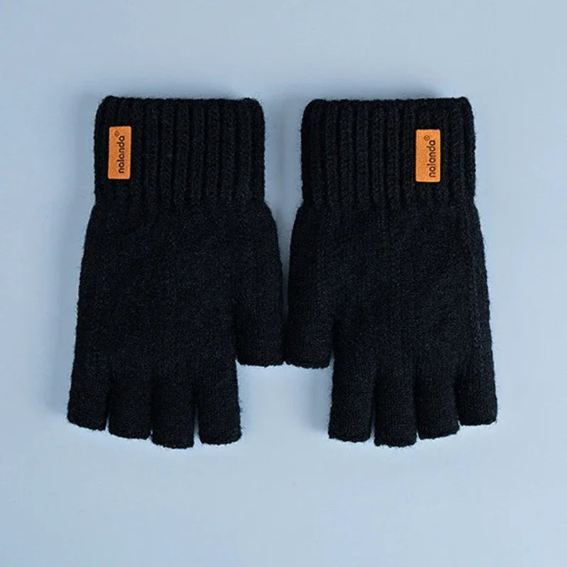Winter Half-Finger Knitted Gloves for Men: Warm, Stretchy, Thick – Fits Office, Bicycle, Driving & Student Writing