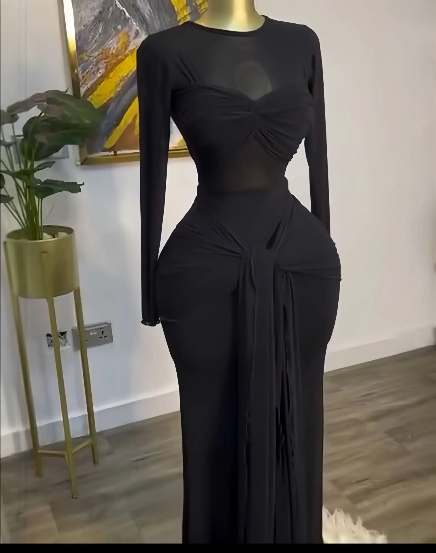 CM.YAYA Women Mesh See Though Long Sleeve Maxi Bowknot Long Dress 2026 Birthday Vacation Sexy Club Party Evening Street Dresses