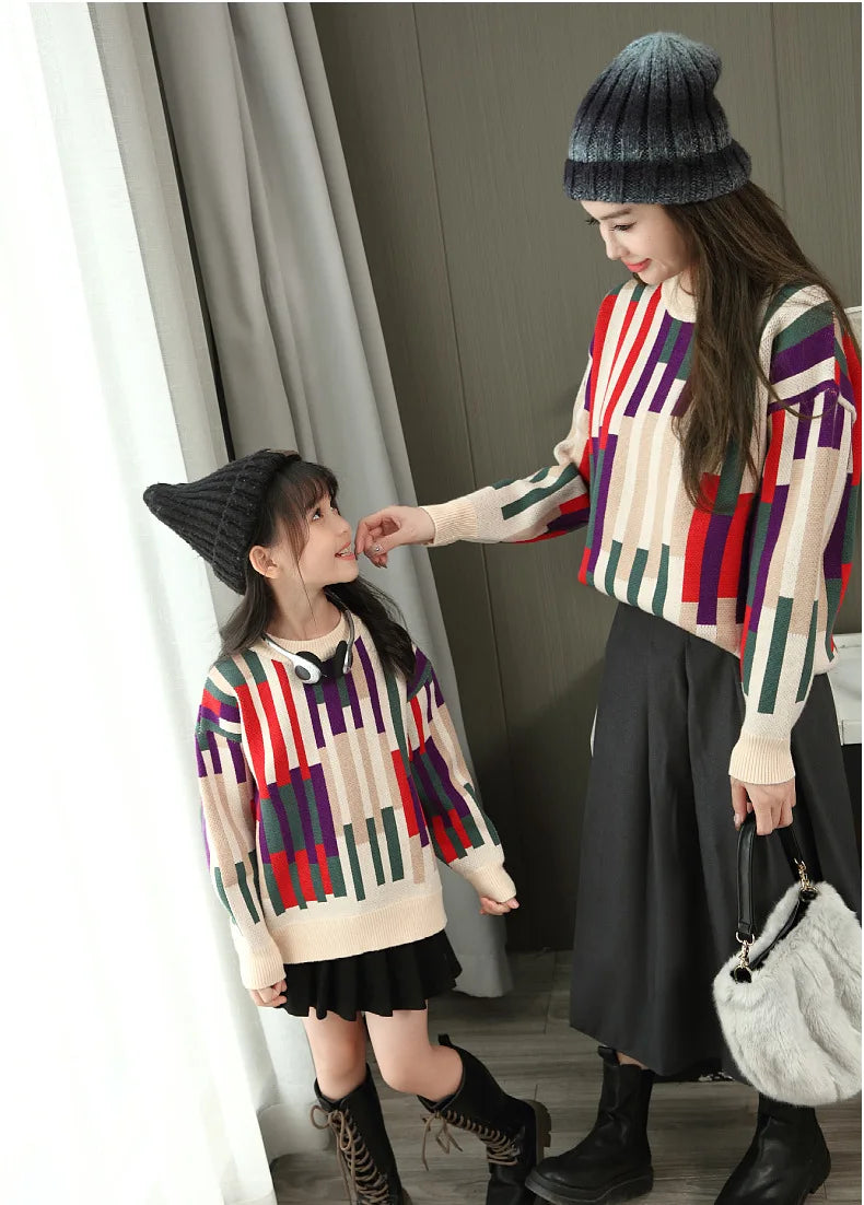 Fashion Sweater for The Whole Family Knitted Tops Mom and Daughter Baby Girl Matching Striped Knitwear Dad and Son Boy Jumper