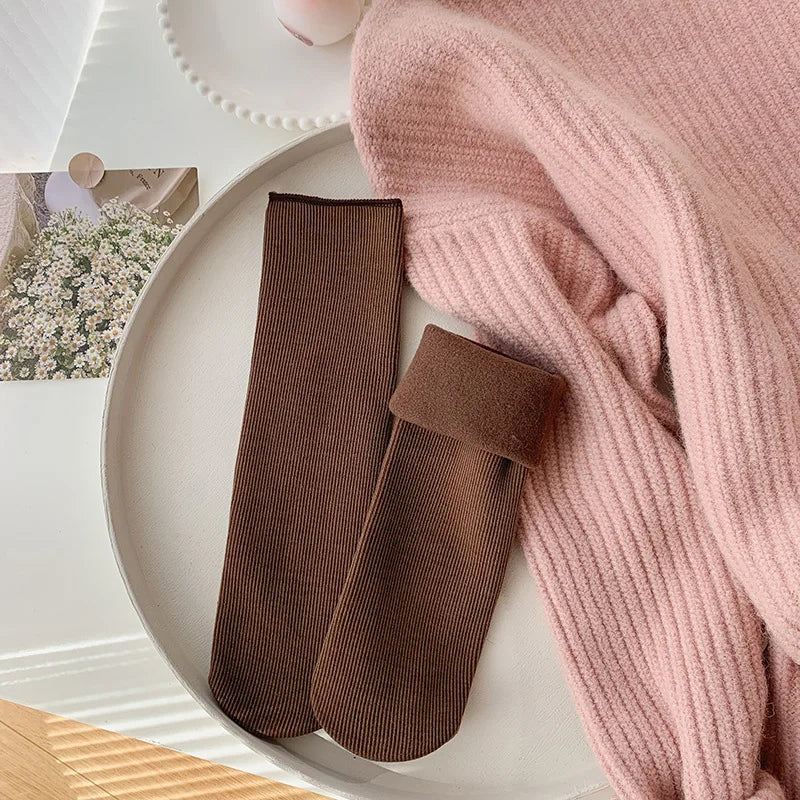 5 Pairs Snow Socks For Women Autumn Winter Socks With Fuzzy Thickened Warm Sleeping Floor Stockings Women's Solid Color Socks