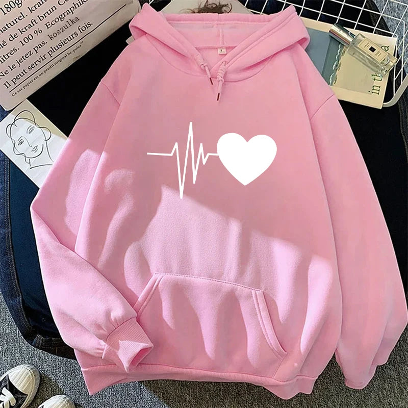 Woman Hooded Sweatshirt Casual Fashion Heart Print Hoodies Ladies Home Outdoor Comfort Warm Pullover Daily Sport Loose Hoody Top