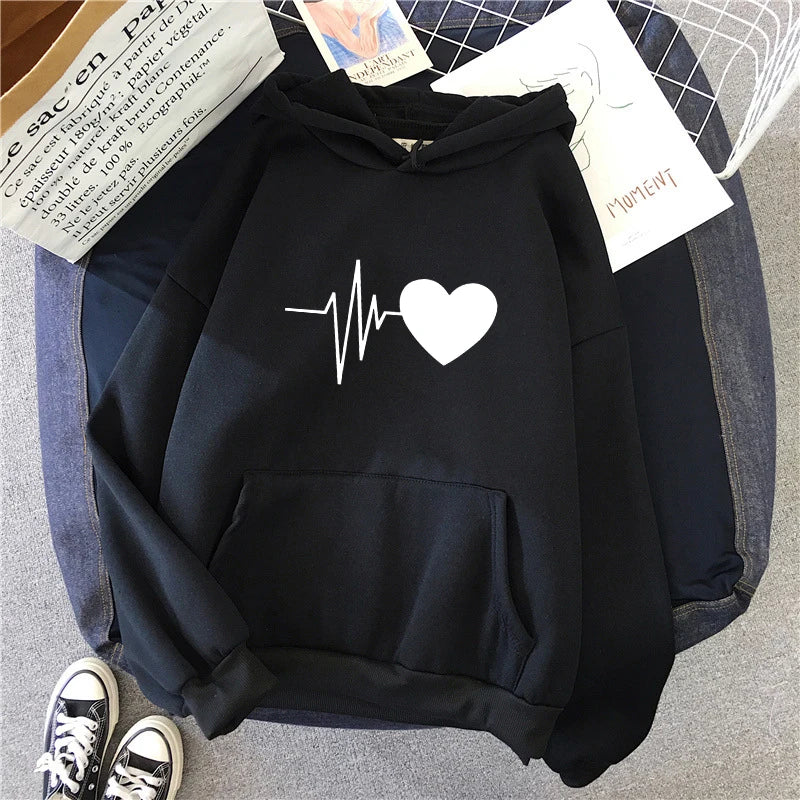 Woman Hooded Sweatshirt Casual Fashion Heart Print Hoodies Ladies Home Outdoor Comfort Warm Pullover Daily Sport Loose Hoody Top