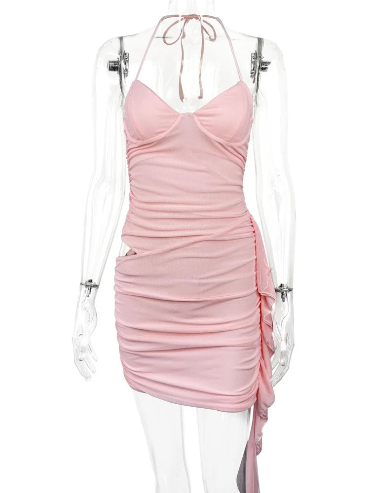 Fairyshely Sexy Summer Lady Pink Short Club Dress Ladies 2024 Tied Halter Bodycon Dresses Evening Party Hollow Tight Mini Dress