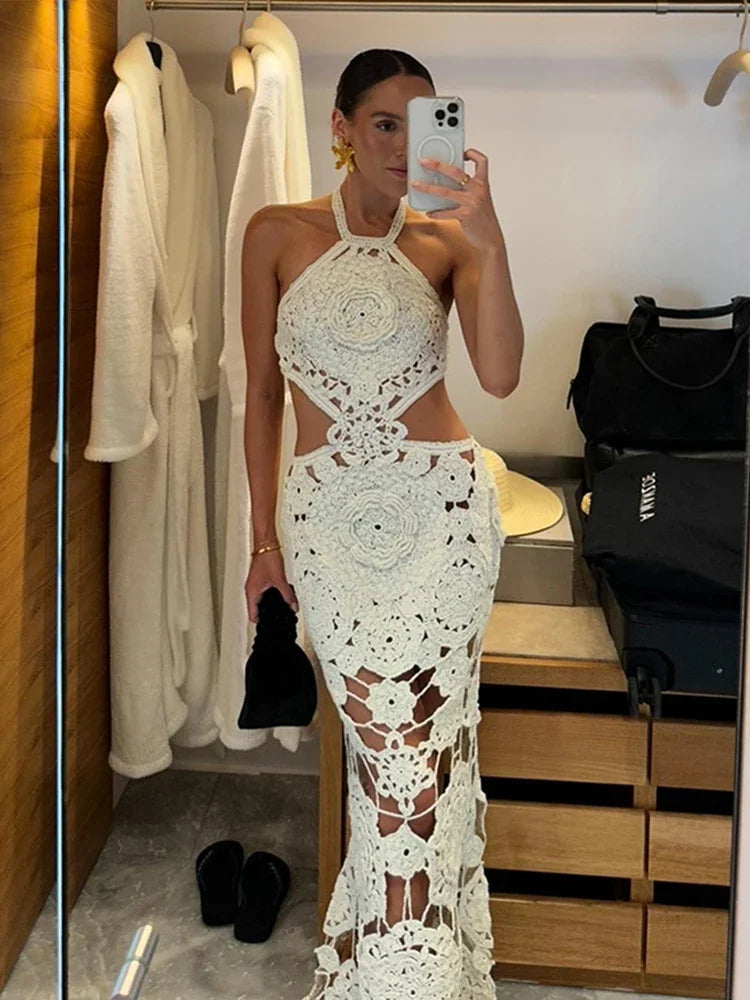 Hook Crochet Flower Long Dresses Women Knitted Halter Sexy Hollow Out Sleeveless Backless Maxi Dress Holiday Fashion Beach Robes
