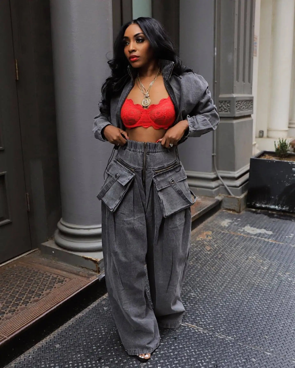 Fall Denim Suit For Women Long Sleeve Lapel Top And Wide Leg Pant Outfits Comfortable Solid Color Ladies Two-Piece Set