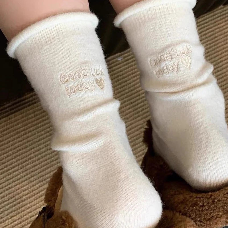 Winter Warm Thicken Cotton Socks Women Embroidery Letters Cozy Solid Color Thermal Japanese Korean Stacked Mid Calf Crew Socks