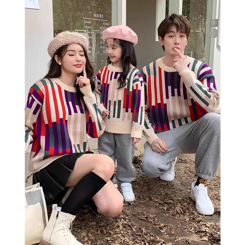 Fashion Sweater for The Whole Family Knitted Tops Mom and Daughter Baby Girl Matching Striped Knitwear Dad and Son Boy Jumper