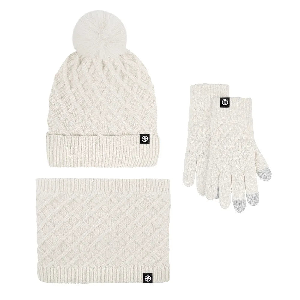2025 Hot Hat Scarf Gloves Three-piece Winter Velvet Outdoor Warm Hairball Knitted Hat Christmas Gift Winter Warm