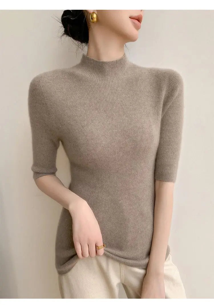 Sweater Spring Autumn High Neck Middle Sleeve New Knitted Base Knitted Half Sleeve Five-Pin Slim Tops