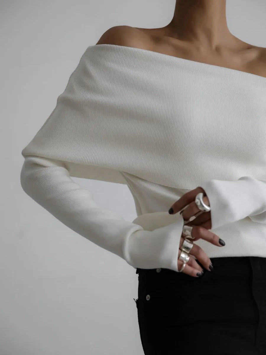 Sweater Women's Autumn and Winter Style Long Sleeved Knitted Base Shirt, One Shoulder Sexy Slim Fit Off Shoulder Top