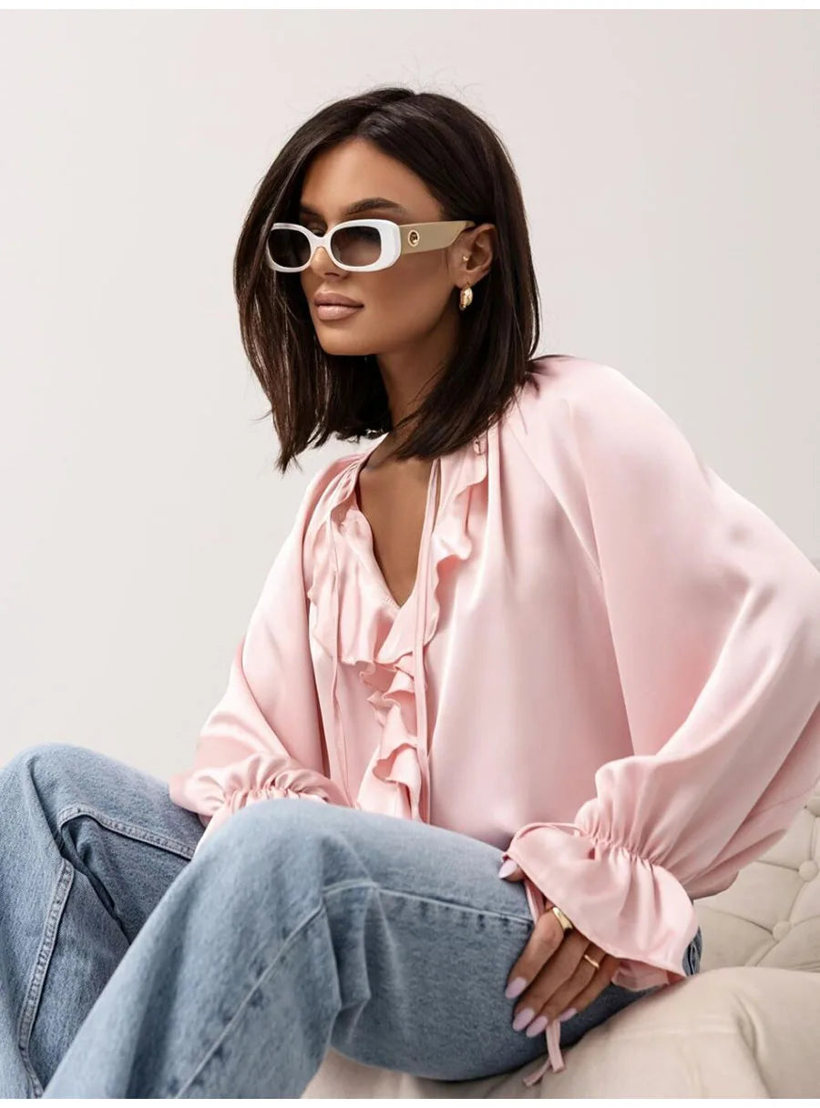 Fashion Fall Ruffles Blouse Women 2025 Autumn Winter Long Sleeve Loose Lace-up Shirts And Blouses Tops Elegant