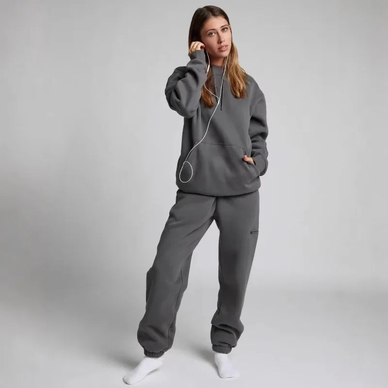 Fitness Workout Outfits Autumn Winter Women Tracksuit Sport Pocket Sweatshirt Hoodies with Eye Patch Sweatpants Two Piece Set