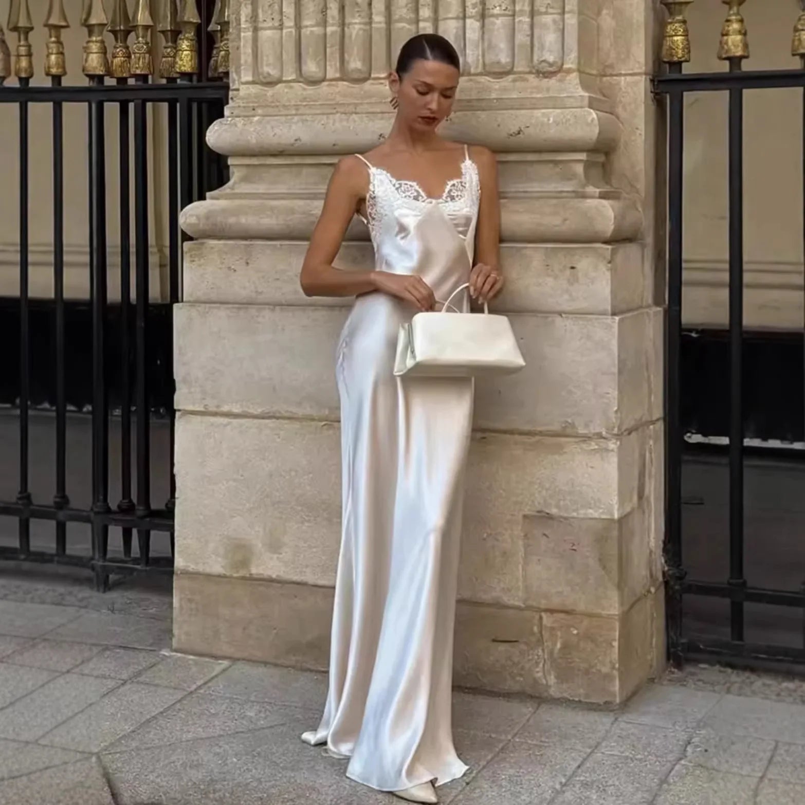 New 2026 Women V Neck Satin Sling Long Dress Lace Patchwork Backless Sexy White Gowns Summer Evening Party Maxi Vestidos