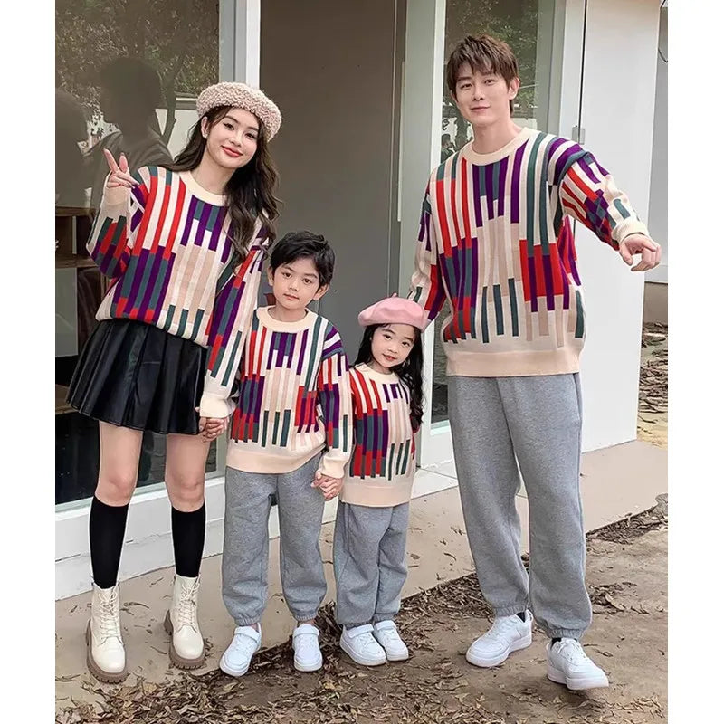 Fashion Sweater for The Whole Family Knitted Tops Mom and Daughter Baby Girl Matching Striped Knitwear Dad and Son Boy Jumper