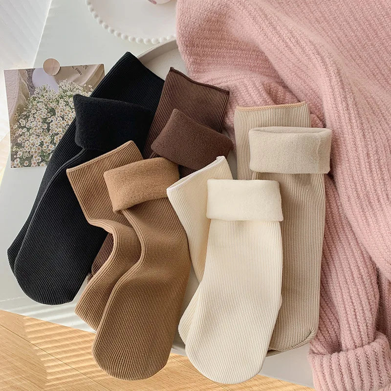 5 Pairs Snow Socks For Women Autumn Winter Socks With Fuzzy Thickened Warm Sleeping Floor Stockings Women's Solid Color Socks